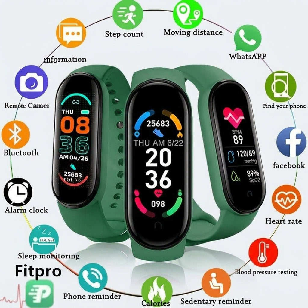 LISTINGOPT::kovosis::m6-smart-watch-men-women-fitness-smart-bracelet-sports-band-heart-rate-blood-pressure-monitor-waterproof-multi-function-watches::color-green