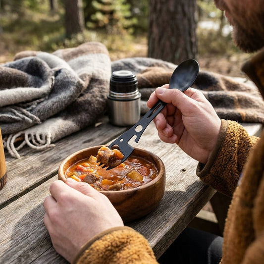 LISTINGOPT::kovosis::new-10-in-1-multifunctional-outdoor-camping-survival-spork-kitchen-multifunctional-wrench-bottle-opener-spoon::02-inuse