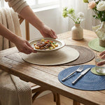 LISTINGOPT::kovosis::nordic-style-imitation-cotton-yarn-placemat-round-ramie-woven-coaster-insulation-dish-mat-household-anti-scald-mat::02-inuse