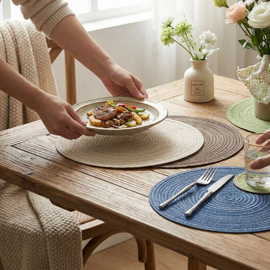 LISTINGOPT::kovosis::nordic-style-imitation-cotton-yarn-placemat-round-ramie-woven-coaster-insulation-dish-mat-household-anti-scald-mat::02-inuse