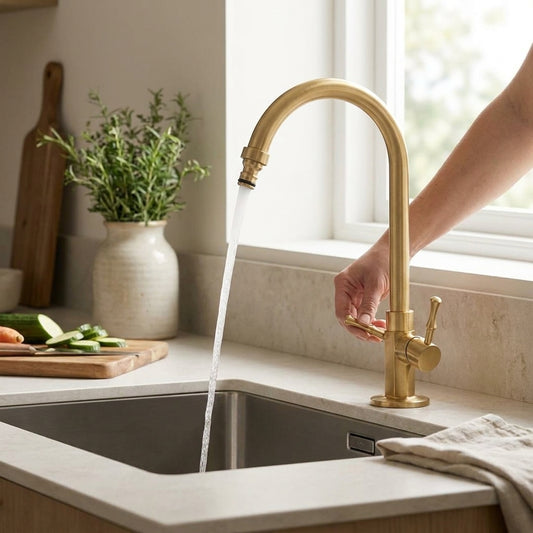 LISTINGOPT::kovosis::ocs-keukenkraan-met-waterdispenser-van-ongelakt-messing::02-inuse