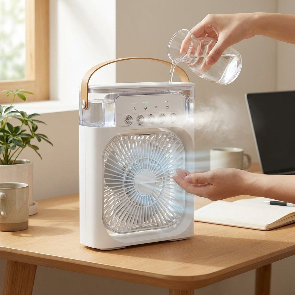 LISTINGOPT::kovosis::portable-mini-air-cooler-fan-3-speed-usb-personal-cooler-timer-spray-modes::02-inuse