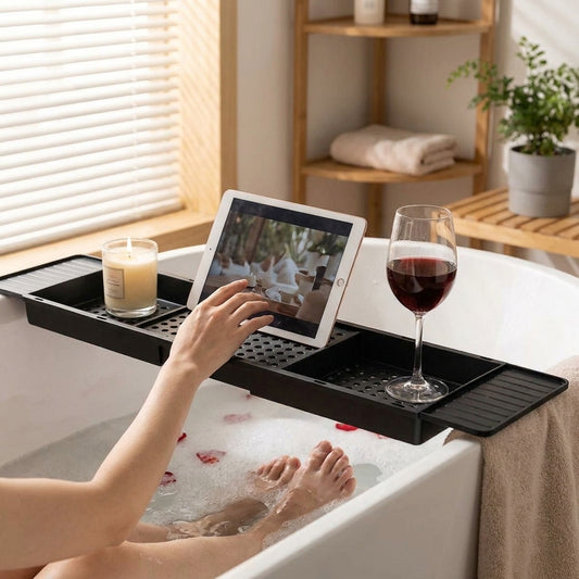 LISTINGOPT::kovosis::retractable-bathtub-caddy-tray-adjustable-plastic-bath-tub-organizernon-slip-bathroom-shelf-for-shower-storage-bathtub-tray::02-inuse