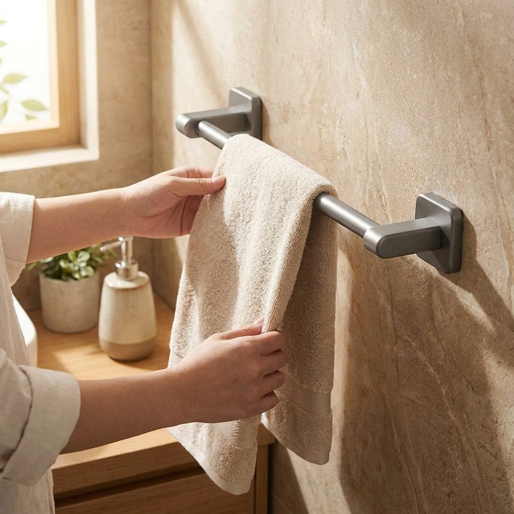 LISTINGOPT::kovosis::space-aluminum-towel-rod-self-adhesive-no-drilling-bathroom-kitchen-hand-towel-holder-plastic-base-sticky-installation::02-inuse