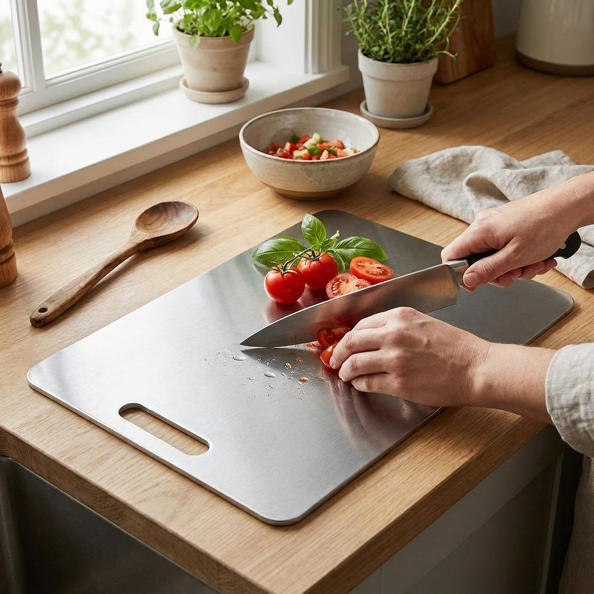 LISTINGOPT::kovosis::stainless-steel-cutting-board-for-hygienic-prep::02-inuse