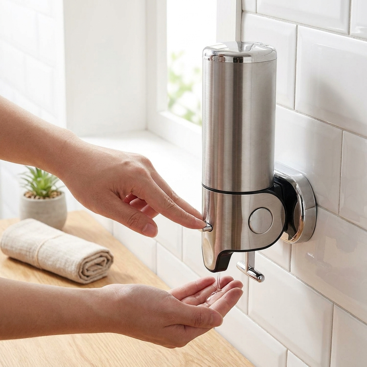 LISTINGOPT::kovosis::stainless-steel-wall-mounted-soap-dispenser-sleek-style::02-inuse