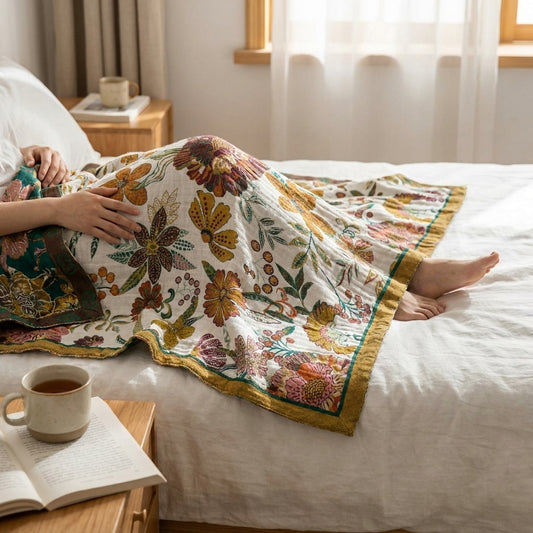 LISTINGOPT::kovosis::textile-city-floral-cotton-6-layer-gauze-towel-blanket-pastoral-style-plant-flower-throw-blanket-breathable-soft-blanket-for-bed::02-inuse