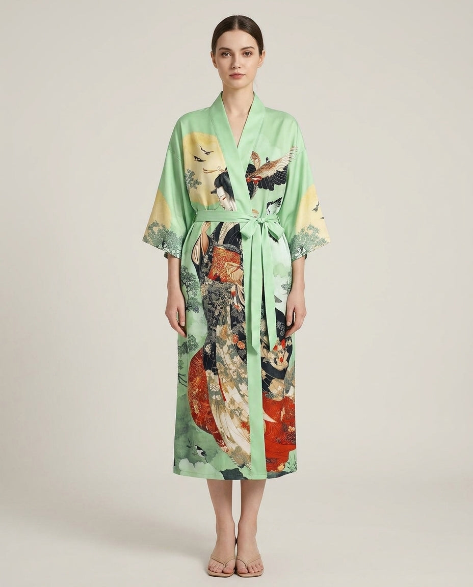 LISTINGOPT::kovosis::traditional-ethnic-japanese-vintage-beauty-print-mid-length-seven-eighth-sleeve-satin-kimono-cardigan-thin-outerwear-for-women-european-and-american-elegant-street-style-casual-loose-cover-up-beach-travel-vacation-uchikake-japanese-style-thin-cape::01-front