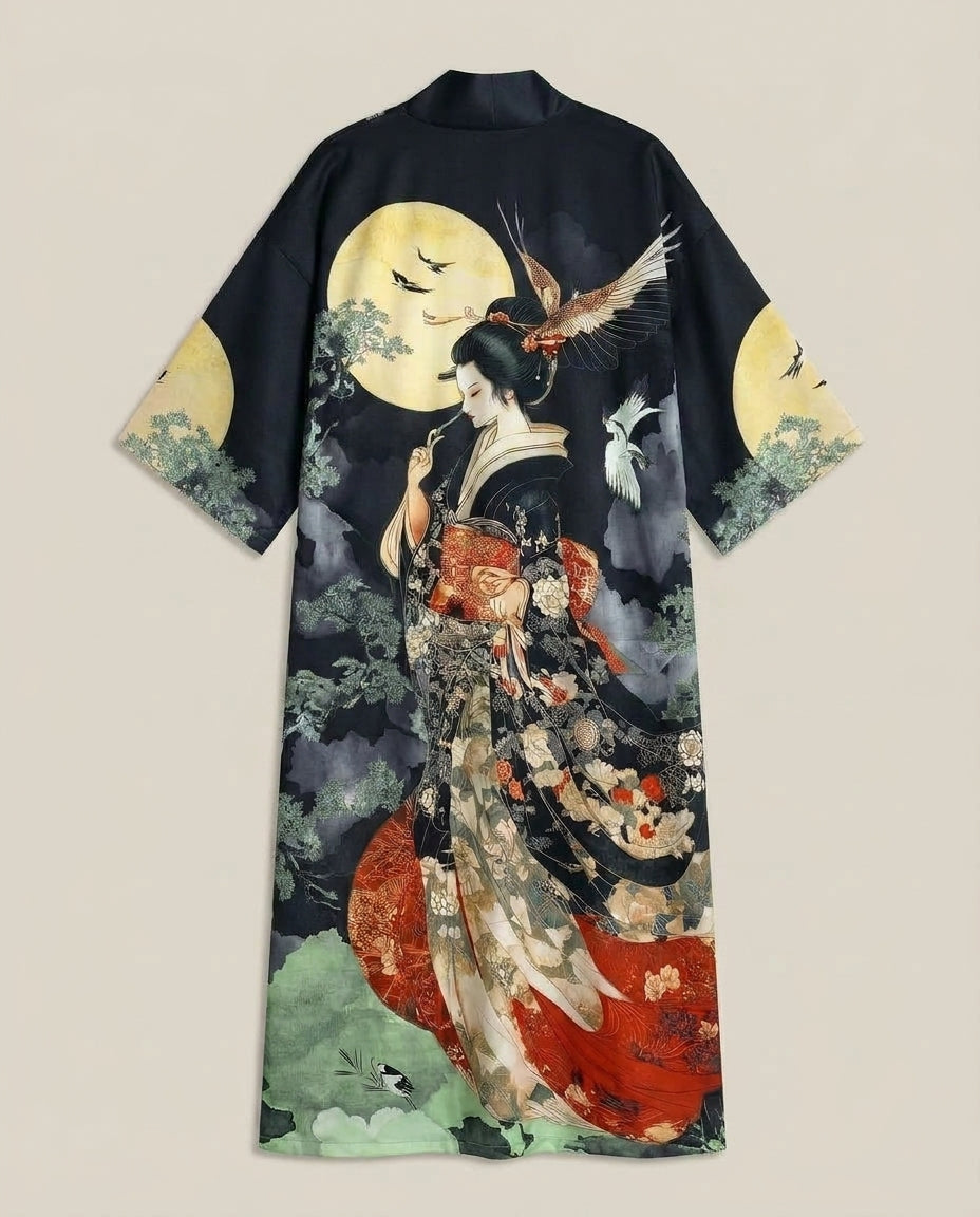 LISTINGOPT::kovosis::traditional-ethnic-japanese-vintage-beauty-print-mid-length-seven-eighth-sleeve-satin-kimono-cardigan-thin-outerwear-for-women-european-and-american-elegant-street-style-casual-loose-cover-up-beach-travel-vacation-uchikake-japanese-style-thin-cape::color-black