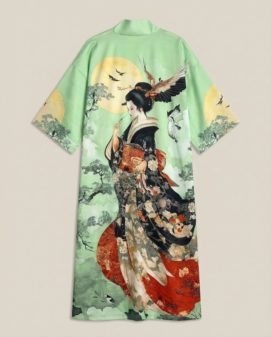 LISTINGOPT::kovosis::traditional-ethnic-japanese-vintage-beauty-print-mid-length-seven-eighth-sleeve-satin-kimono-cardigan-thin-outerwear-for-women-european-and-american-elegant-street-style-casual-loose-cover-up-beach-travel-vacation-uchikake-japanese-style-thin-cape::color-light-green