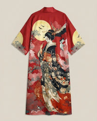 LISTINGOPT::kovosis::traditional-ethnic-japanese-vintage-beauty-print-mid-length-seven-eighth-sleeve-satin-kimono-cardigan-thin-outerwear-for-women-european-and-american-elegant-street-style-casual-loose-cover-up-beach-travel-vacation-uchikake-japanese-style-thin-cape::color-red