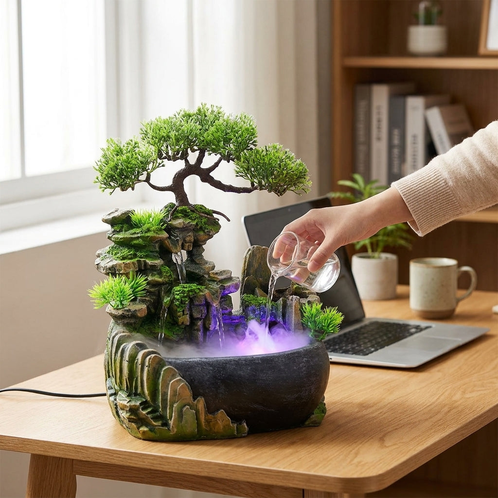 LISTINGOPT::kovosis::wealth-feng-shui-company-office-tabletop-ornaments-desktop-flowing-water-waterfall-fountain-with-color-changing-led-lights-spray::02-inuse