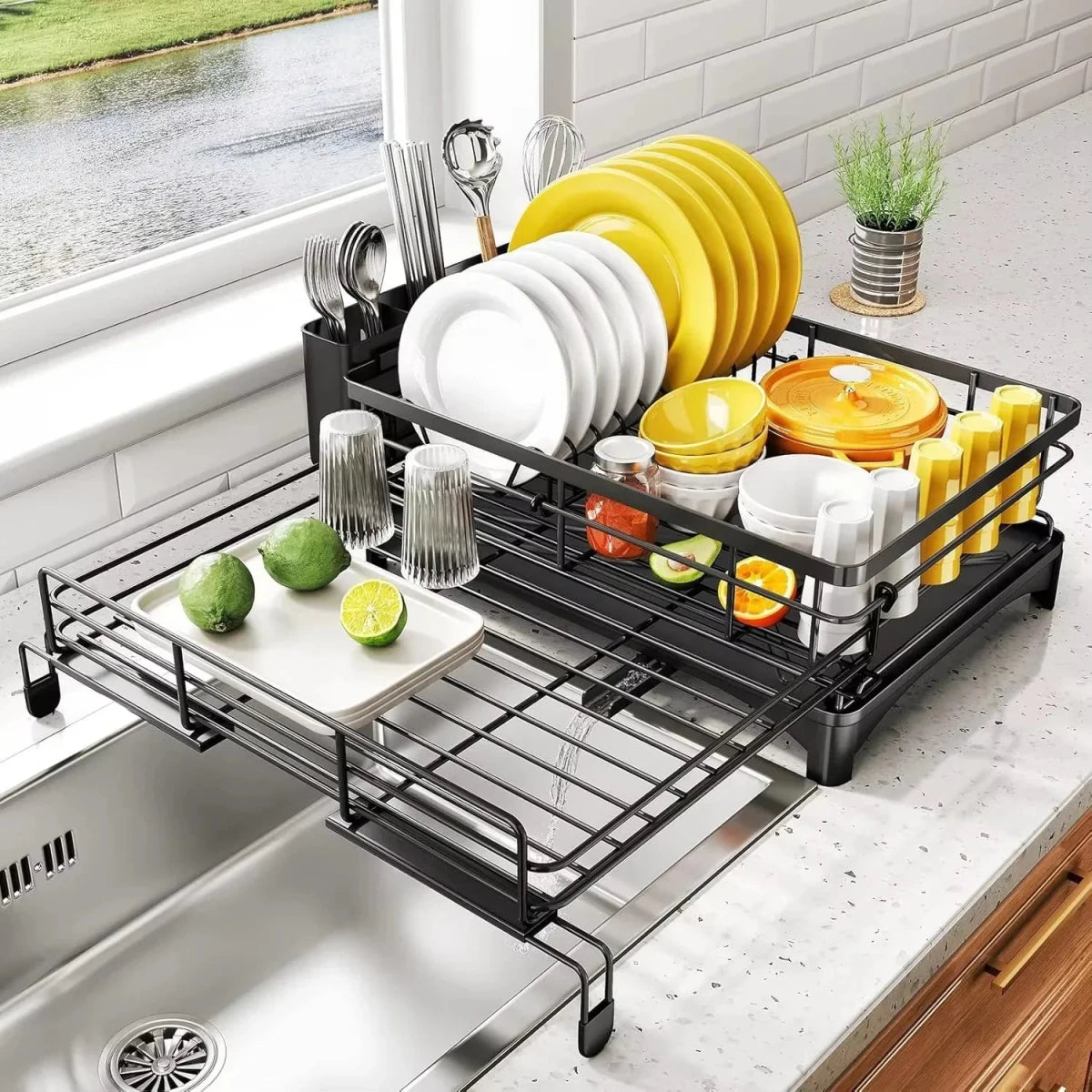 Large Dish Drying Rack with Integrated Drip Tray