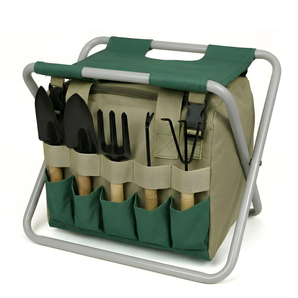 Garden Tool Set With Folding Stool for Easy Planting