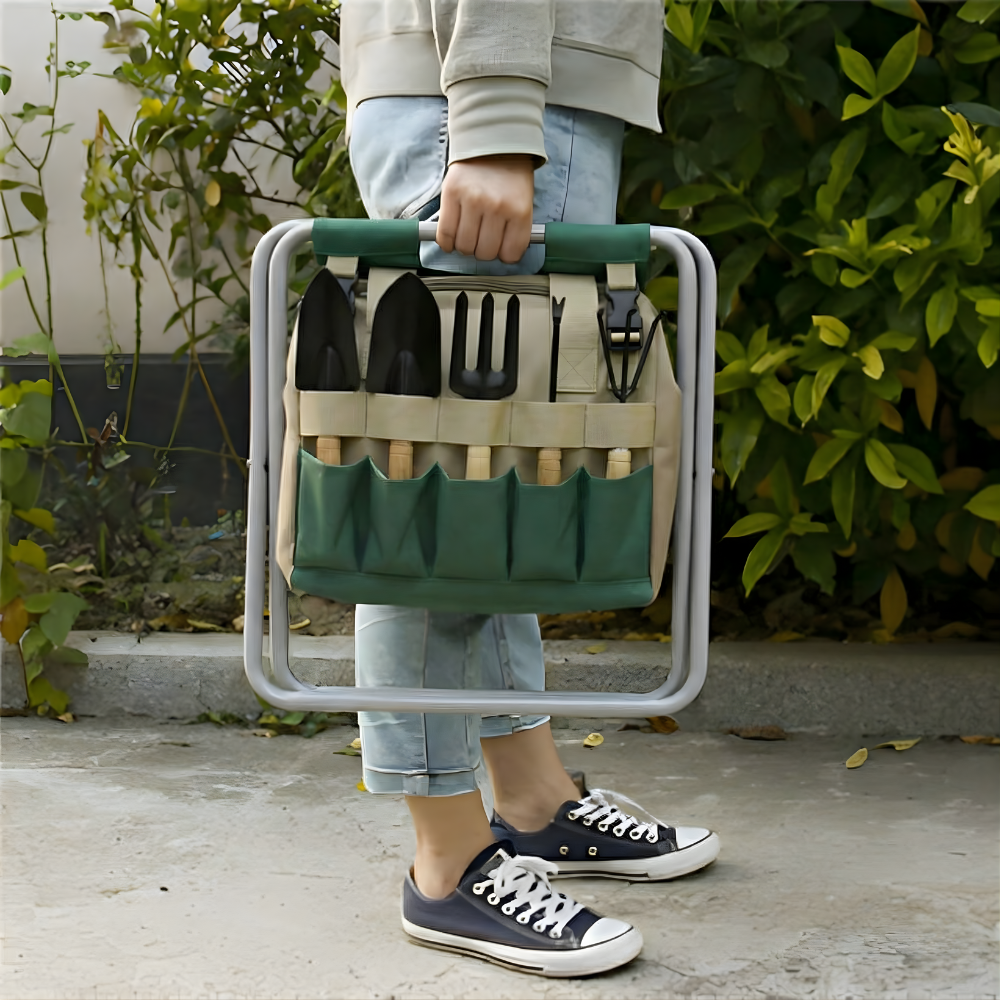 Garden Tool Set With Folding Stool for Easy Planting