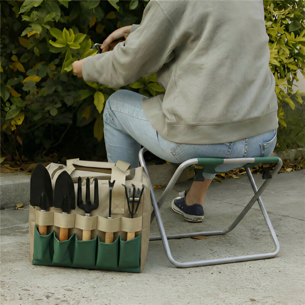 Garden Tool Set With Folding Stool for Easy Planting