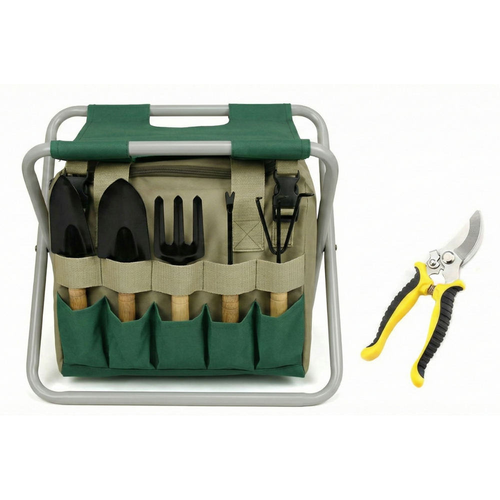 Garden Tool Set With Folding Stool for Easy Planting