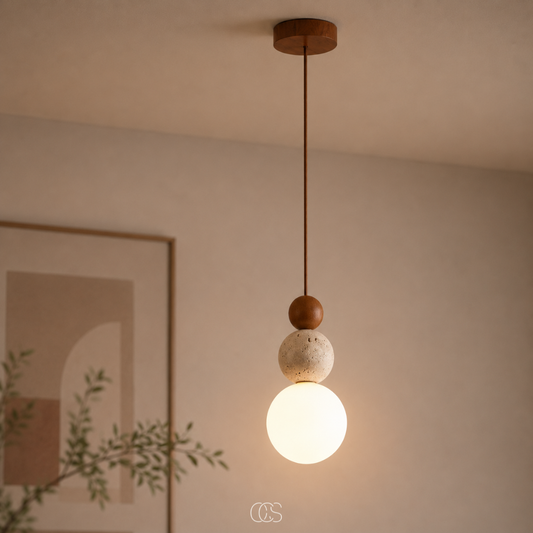 Wabi-Sabi Travertine Pendant Lamp - Minimalist Glass Sphere