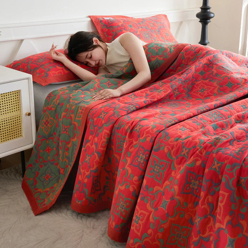 Trapunta WASART in mussola di cotone puro a dodici strati, coperta da divano con stampa floreale bohemien, copriletto estivo di lusso sottile per letto matrimoniale king size