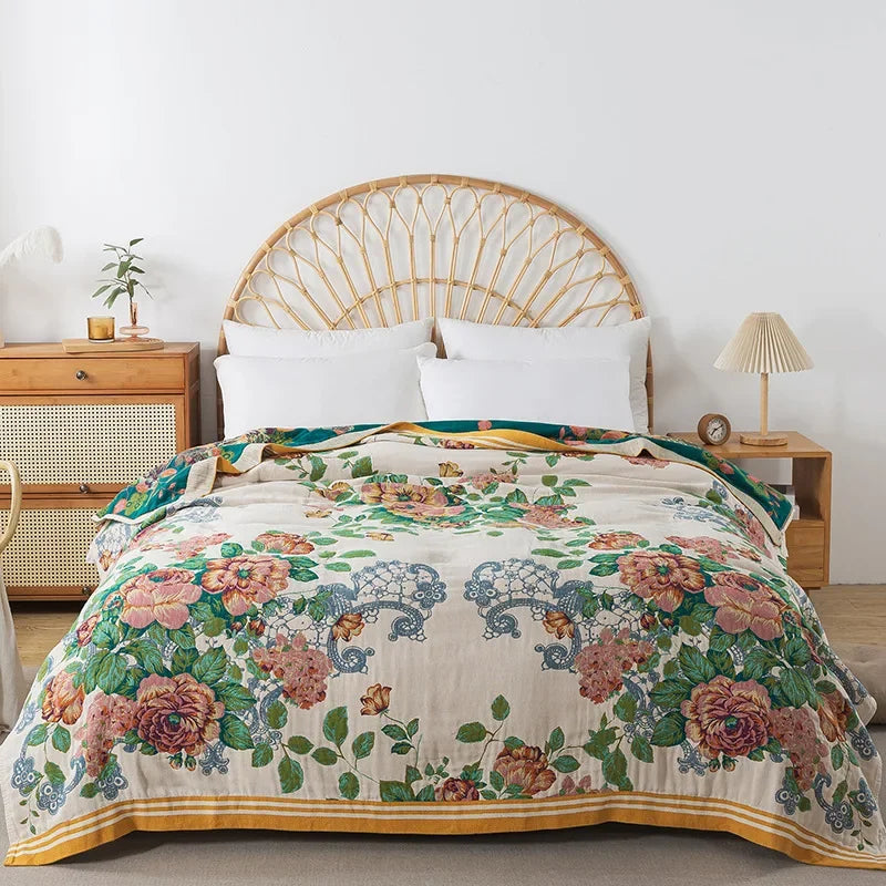 Coperta in cotone con fiori, copriletto, trapunta rinfrescante