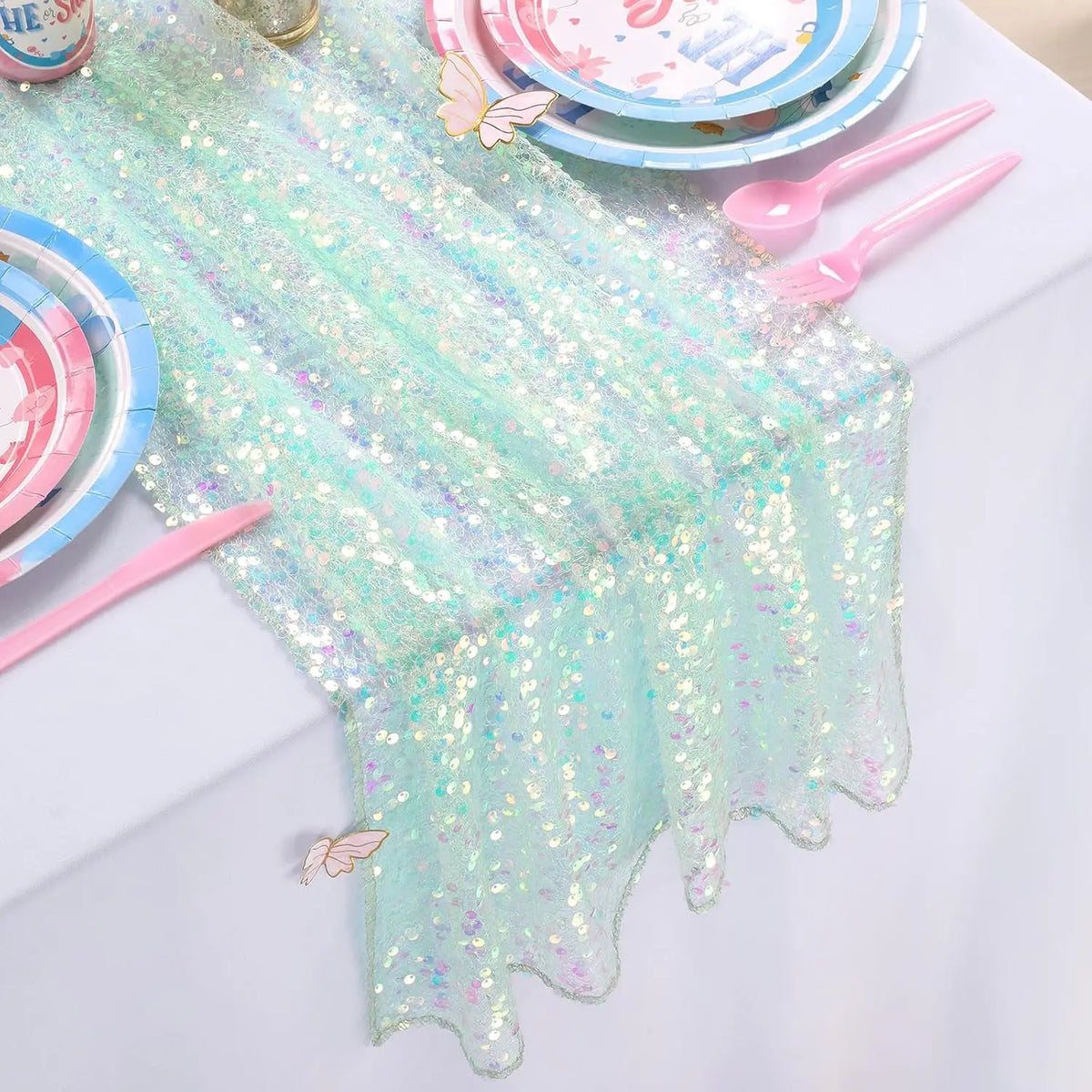 Runner da tavola con paillettes iridescenti, runner boho, tovaglia scintillante con paillettes per feste, matrimoni, compleanni estivi a tema sirena