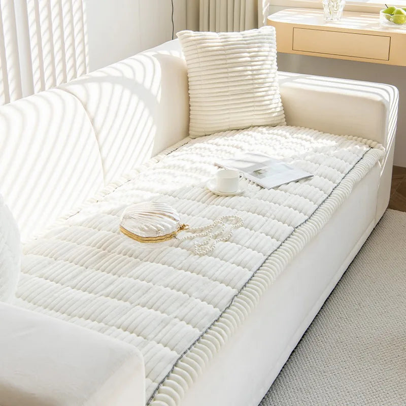 Thicken Quilting Warm Stripe Flannel Sofa Pad, for Winter Living Room Sofa Towel Multiuse Sofa Cover Slipcover