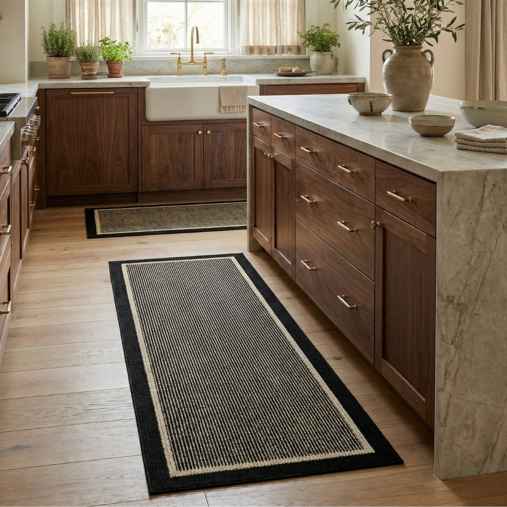 Washable Non-Slip Kitchen Mat Set of Polypropylene with Ribbed Texture