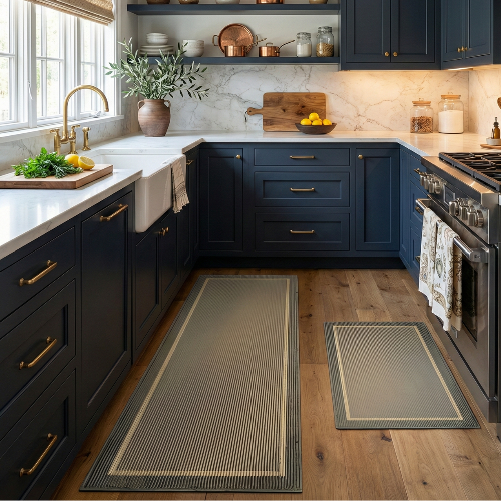 Washable Non-Slip Kitchen Mat Set of Polypropylene with Ribbed Texture