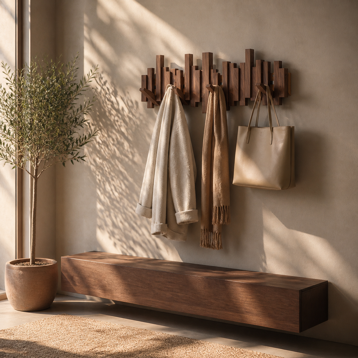 Perchero escultórico de madera para entradas artísticas