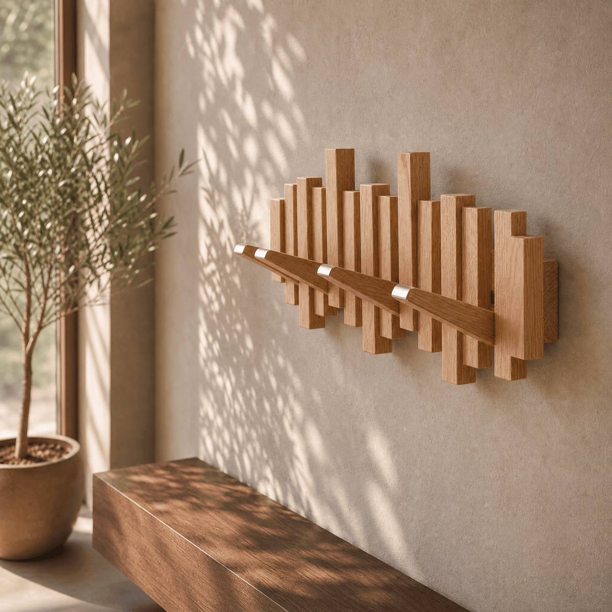 Perchero escultórico de madera para entradas artísticas