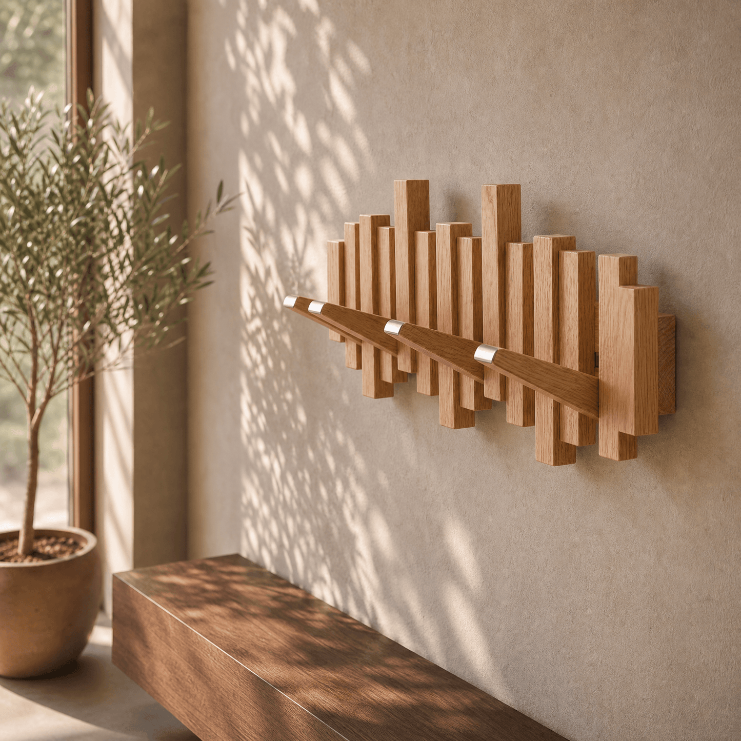 Perchero escultórico de madera para entradas artísticas